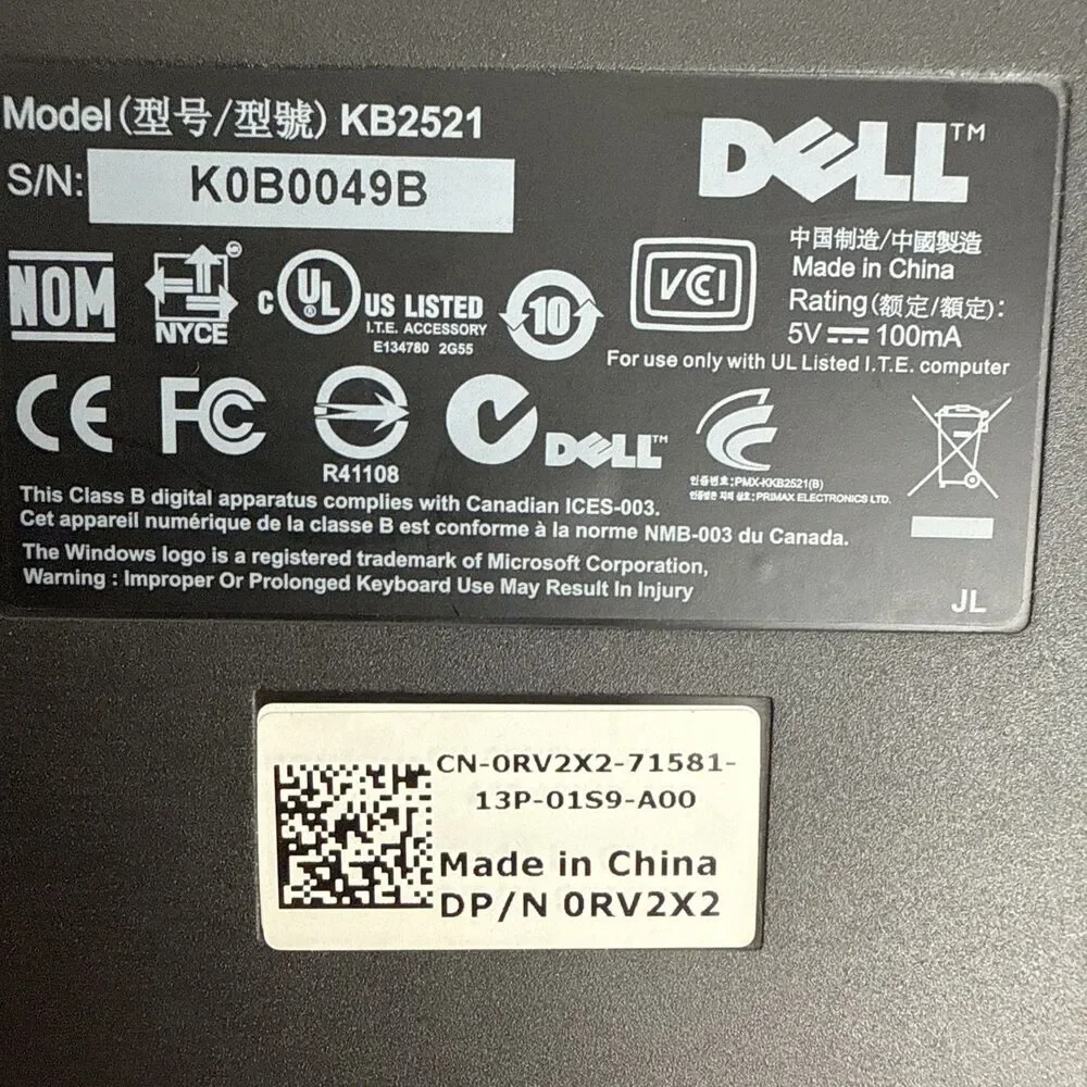 Dell Wired USB Keyboard Black KB2521 - Tested and Working